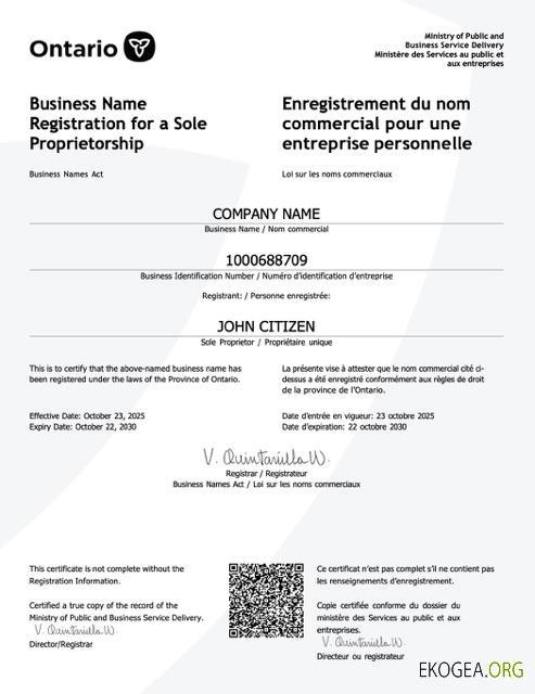Canada Ontario Certificat d'enregistrement de nom commercial Modèle Word et PDF